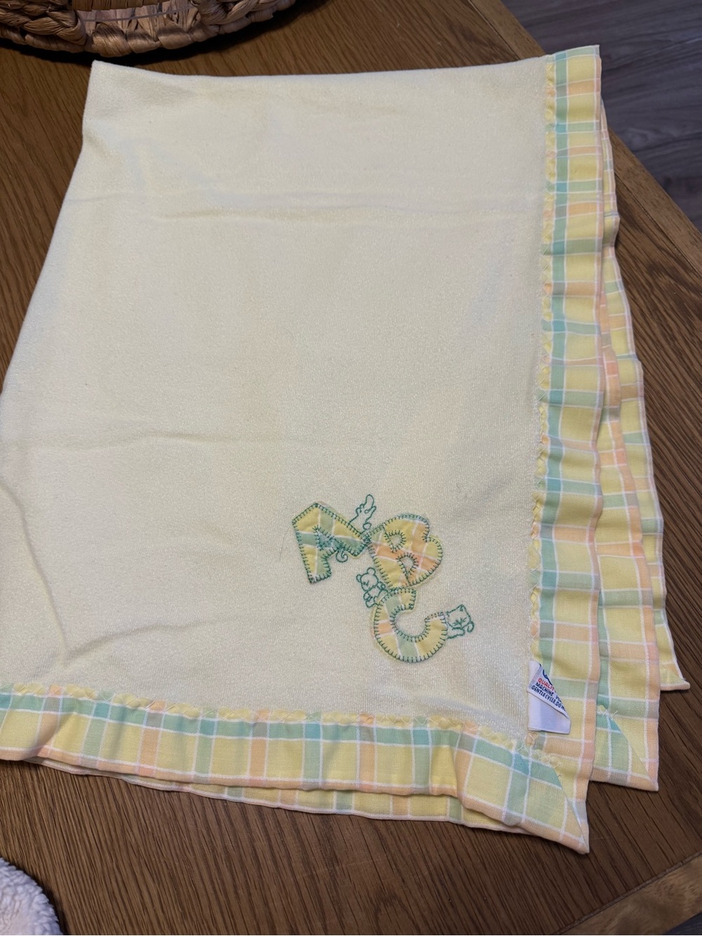 Quiltex Vintage ABC Super Soft Baby Blanket with Pastel Plaid Trim